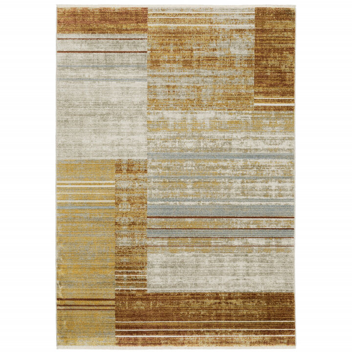 4 X 6 Rust gold Blue grey Ivory And Tan geometric Power Loom Stain Resistant Area Rug With Fringe