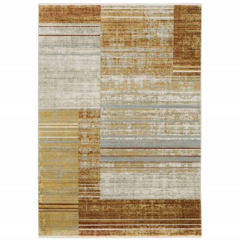 4 X 6 Rust gold Blue grey Ivory And Tan geometric Power Loom Stain Resistant Area Rug With Fringe image number 0