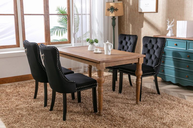 Velvet Upholstered Dining Chairs, Set of 2 &ndash; Tufted Back & Wood Legs