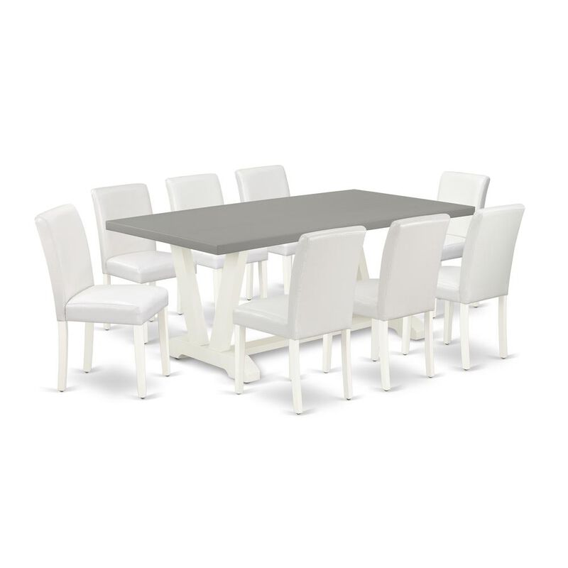 East West Furniture 9-Piece Beautiful a Superb Cement Color Wood Dining Table Top and 8 Modern Pu Leather Dining Chairs with Stylish Chair Back, Linen White Finish