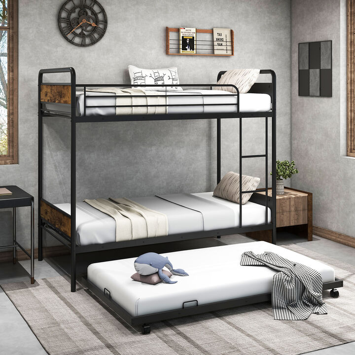 Bunk Bed with Trundle with Ladder and Full-length Guardrails