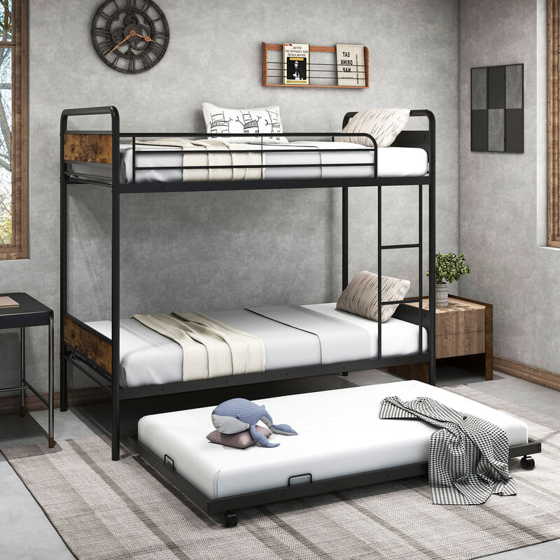 Bunk Bed with Trundle with Ladder and Full-length Guardrails