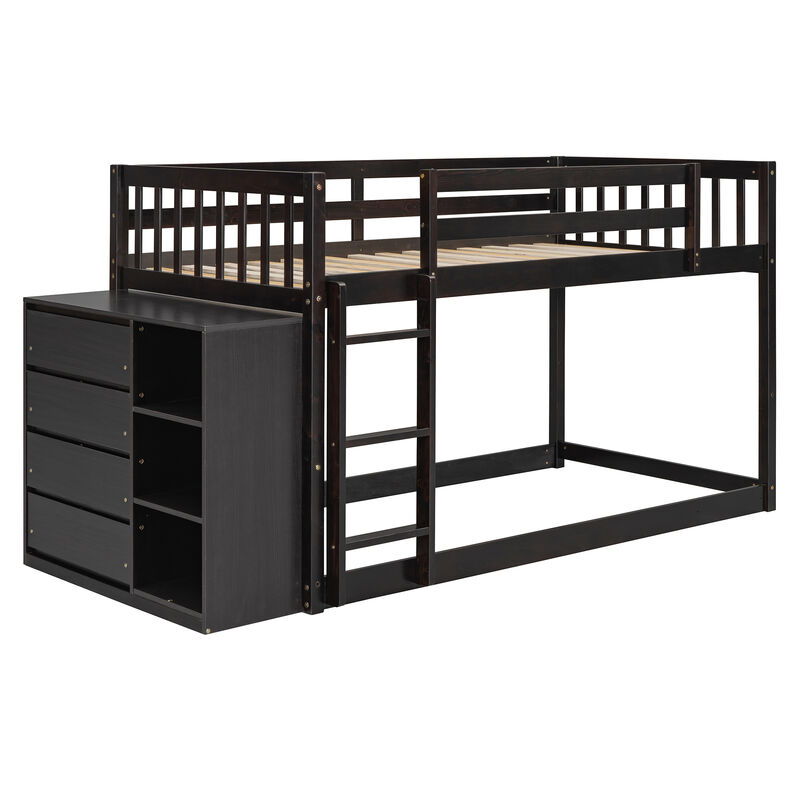 Whisen Twin over Twin Bunk Bed with 4 Drawers and 3 Shelves- Espresso