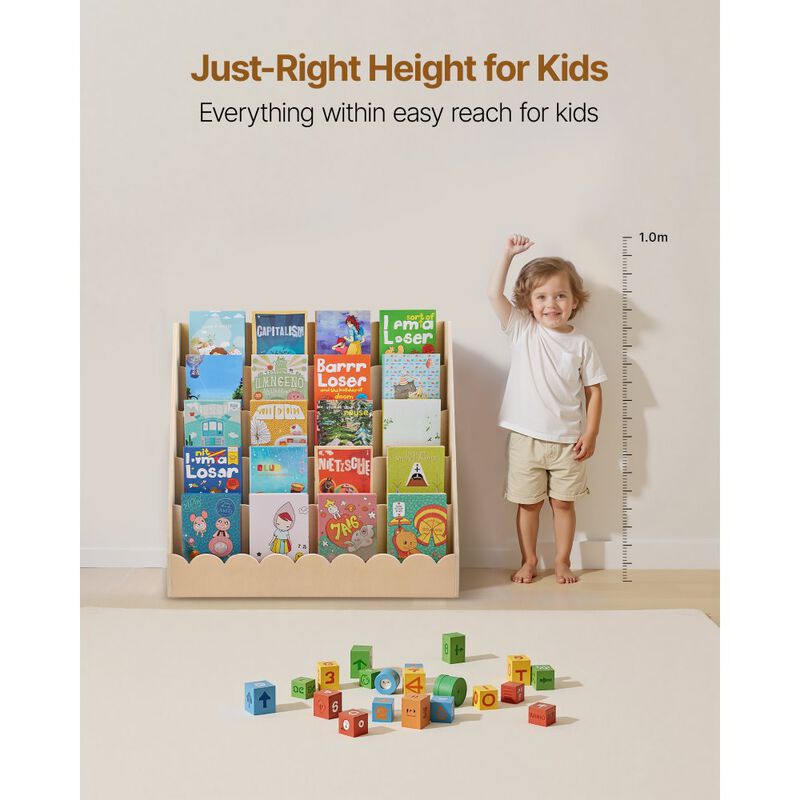 5-Tier Natural Kids Bookshelf with Front-Facing Storage and Dual Hanging Hooks image number 3