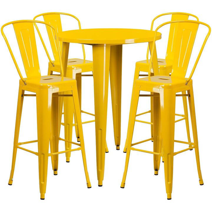 Flash Furniture Callum Commercial Grade 30" Round Yellow Metal Indoor-Outdoor Bar Table Set with 4 Cafe Stools