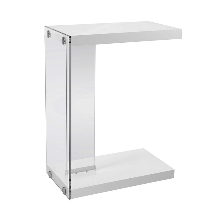 Monarch Specialties I 3215 Accent Table, C-shaped, End, Side, Snack, Living Room, Bedroom, Tempered Glass, Laminate, Glossy White, Clear, Contemporary, Modern