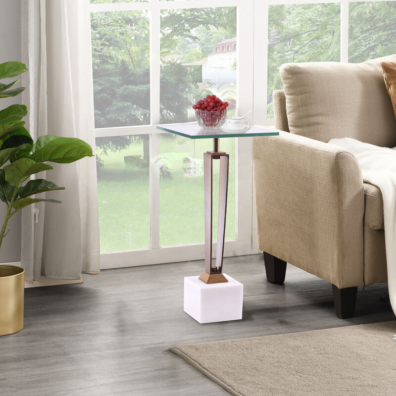 Modern Antique Brass Square Glass Marble Pedestal Side Table End Table