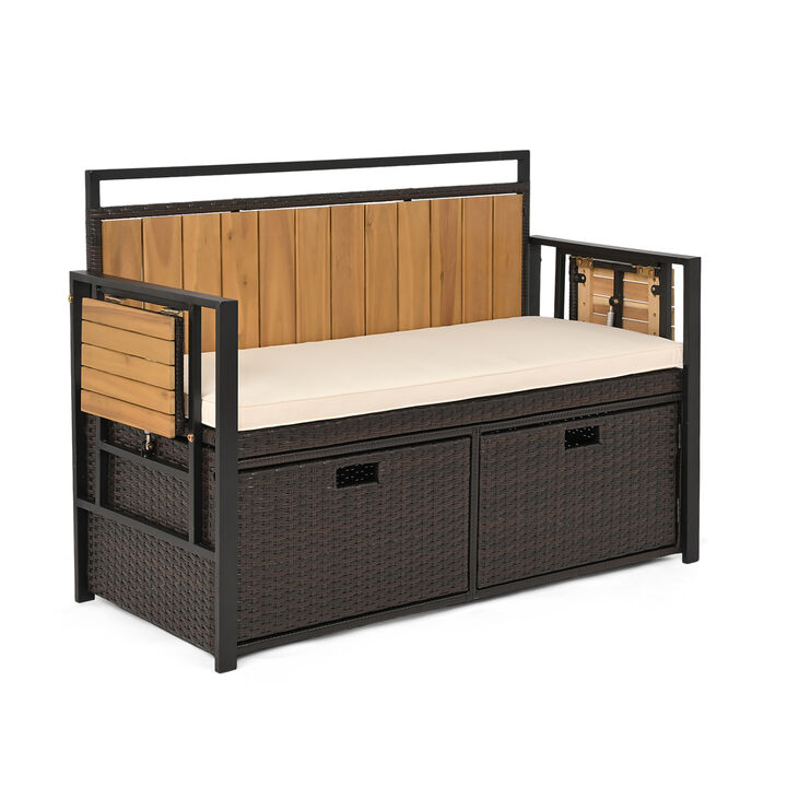 2-Person Outdoor Storage Bench with Side Tables for Patio and Garden