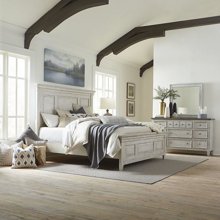 Liberty Furniture Heartland Queen Panel Bed, Dresser & Mirror - Antique White w/ Tobacco Tops