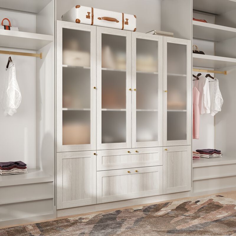 FUFU&GAGA Modern Wood Grain Wardrobe with Adjustable Shelves and Lockable Drawers (63" W x 70.9" H x 15.7" D), Glass Doors and Brass Pull Handles