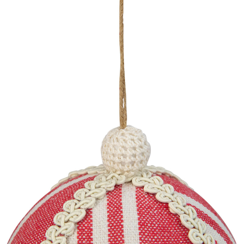 4.75" Red and White Striped Ball Christmas Ornament with Rope Accent image number 3