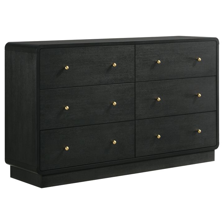 Cavy Wide Dresser, 6 Storage Drawers, Black Wood, Round Gold Knobs - Benzara