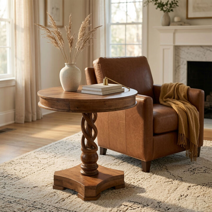 30 Inch Handcrafted Round Mango Wood Dinette, Artisanal Twisted Pedestal Base, Walnut Brown