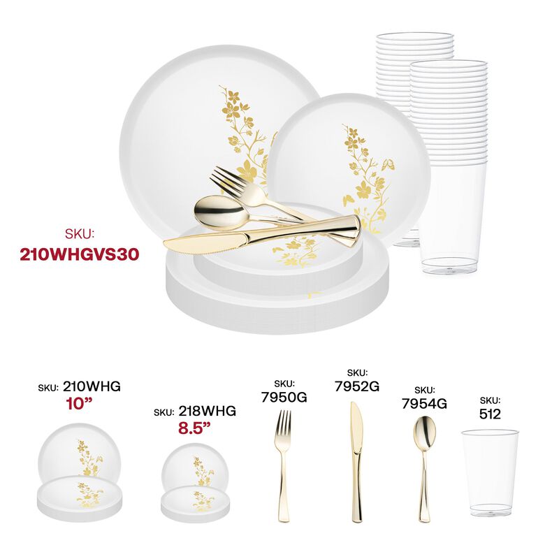 White with Gold Floral Plastic Wedding Value Set (60 Sets) image number 5