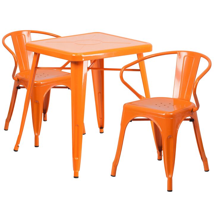 Flash Furniture Commercial Grade 23.75" Square Orange Metal Indoor-Outdoor Table Set with 2 Arm Chairs