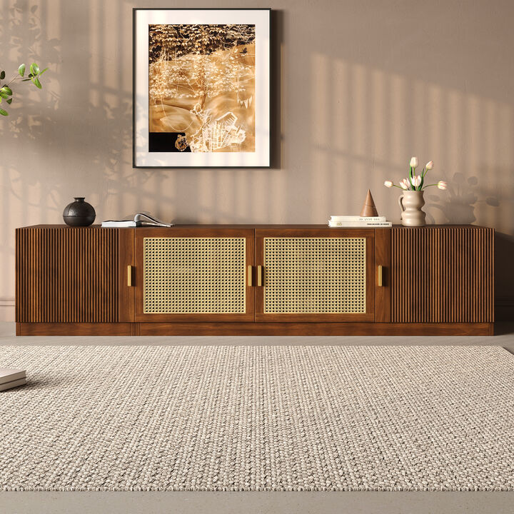 Merax Vintage Entertainment Center with Rattan & Fluted Doors, Adjustable Shelves