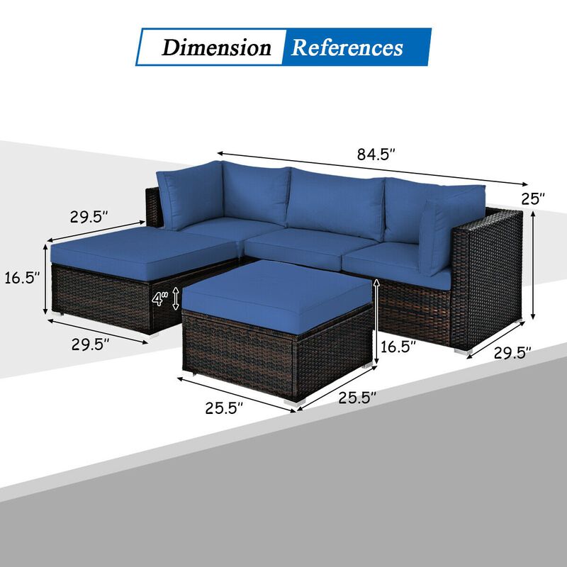 5 Pieces Patio Rattan Sofa Set with Cushion and Ottoman