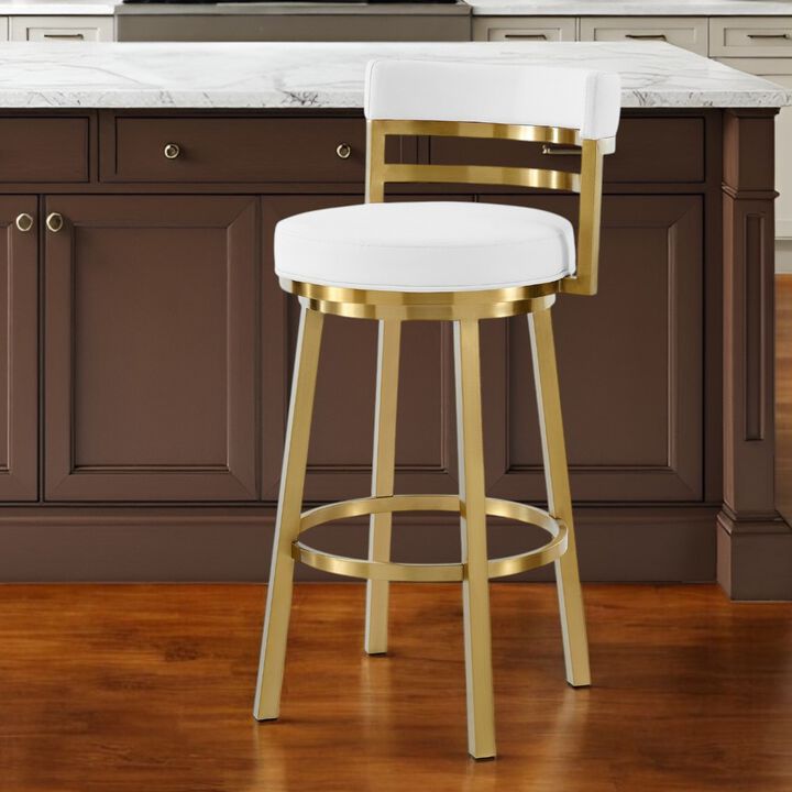 HomeRoots 26" White and Gold Faux Leather and Stainless Steel Low Back Counter Height Swivel Bar Chair