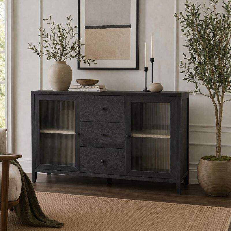 Asim Sideboard Cabinet, 2 Fluted Glass Doors, 3 Drawers, Black 60 Inch image number 8