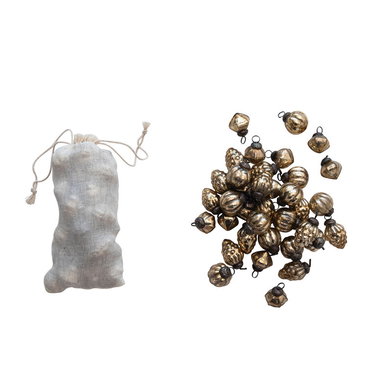 Embossed Mercury Glass Ornaments in Muslin Bag, Antique Gold Finish, Set of 36 image number 0