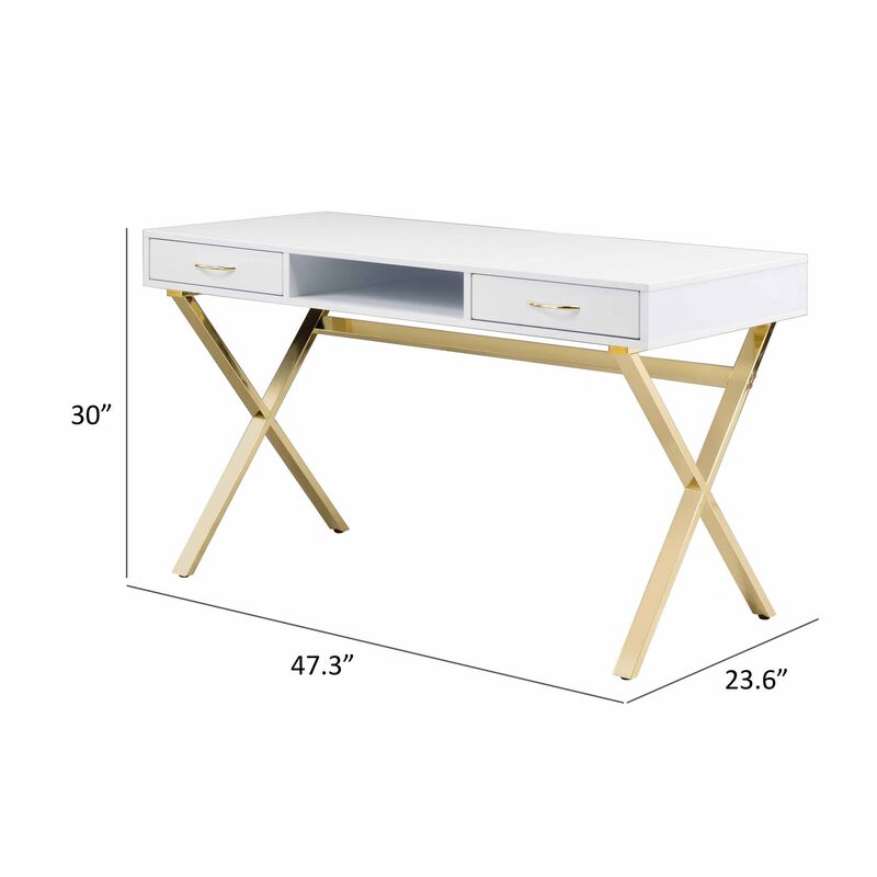 Gracie 47 Inch Desk, White Rectangular Top, 2 Drawers, Gold Metal Legs - Benzara