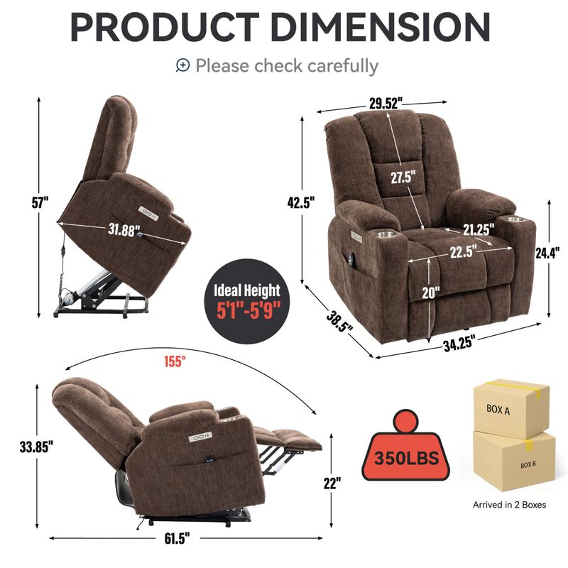 EMON'S Large Power Lift Recliner Chair with Massage and Heat for Elderly, Overstuffed Wide Recliners, Heavy Duty Motion Mechanism with USB and Type C Ports, 2 Steel Cup Holders