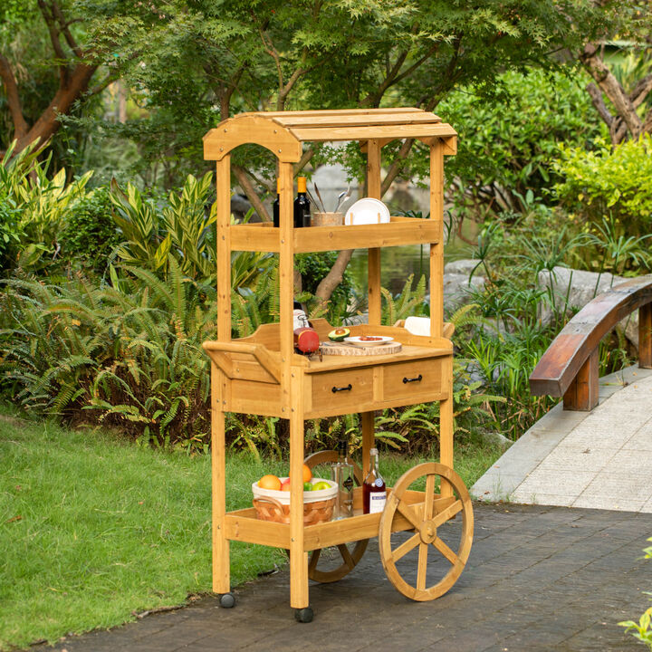Large Wooden Display Rolling Table with Drawers and Wheels 3 Tier with Shelves for Food and More