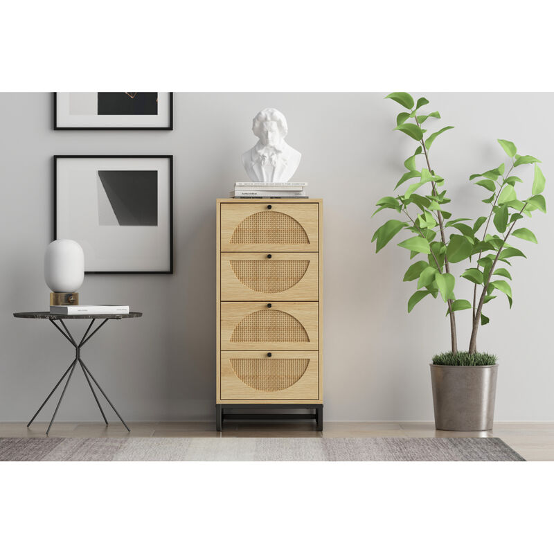 Natural rattan, Cabinet with 4 drawers, Suitable for living room, bedroom and study, Diversified storage