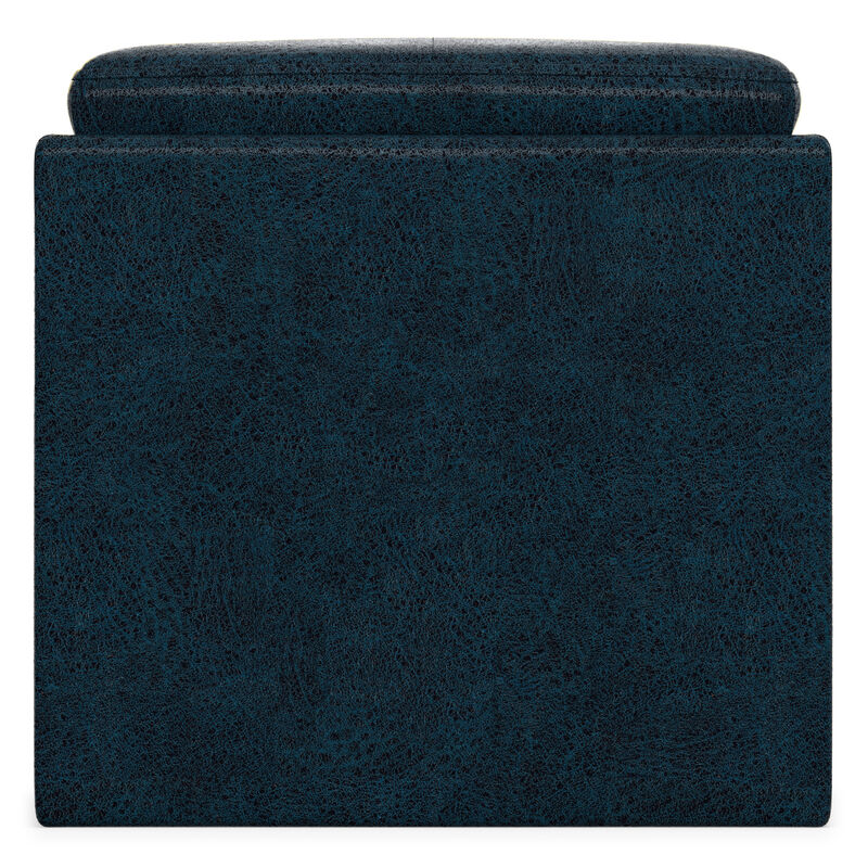 Rockwood 17 inch Wide Contemporary Square Cube Storage Ottoman with Tray in Distressed Dark Blue Vegan Faux Leather, Assembled image number 4