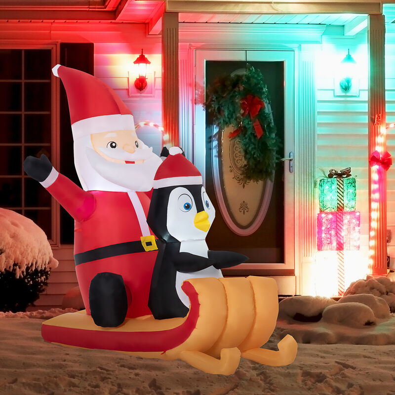 5ft Inflatable Christmas Santa Claus and Penguin on Sleigh LED Display for Lawn