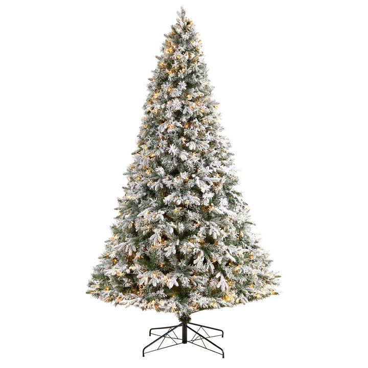 Nearly Natural Flocked Vermont Mixed Pine Artificial Christmas Tree with LED Lights and Bendable Branches