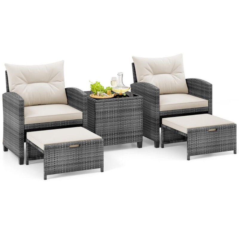 5 Piece Patio Rattan Furniture with 2 Ottomans and Tempered Glass Coffee Table image number 9
