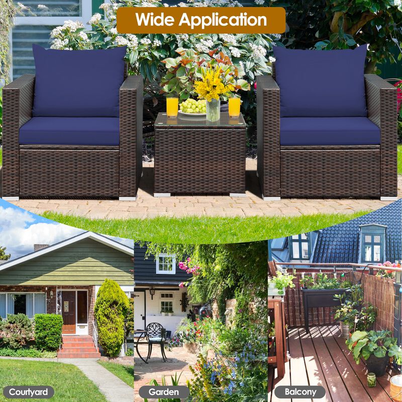3 Pcs Patio Conversation Rattan Furniture Set with Cushion image number 1
