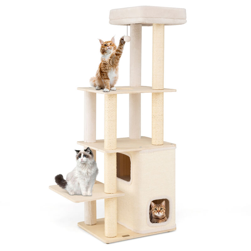 Wooden Cat Tree Tall Tower with 2 Story Condo and Plush Padded Top Perch-Natural image number 0