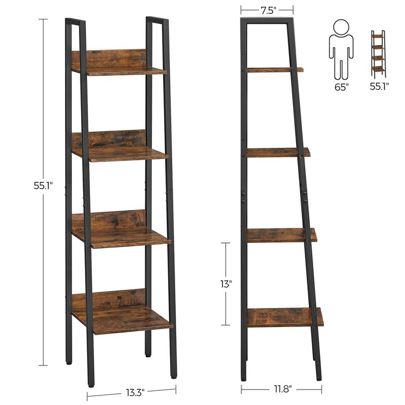 BreeBe Industrial Brown 4-Tier Slim Ladder Shelves with Metal Frame