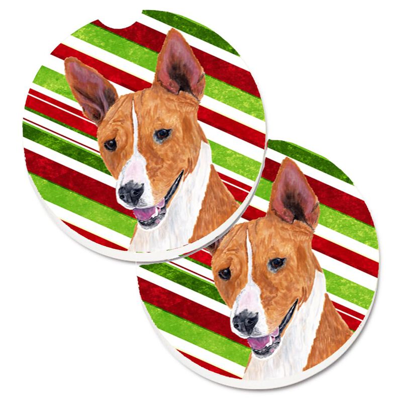 Caroline's Treasures Basenji Candy Cane Holiday Christmas Set of 2 Cup Holder Car Coasters SC9347CARC, 2.56, Multicolor image number 0
