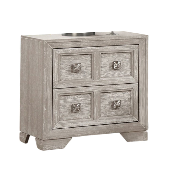 Diaz Nightstand with 2 Drawers, Sunburst Design Front, Light Gray Wood