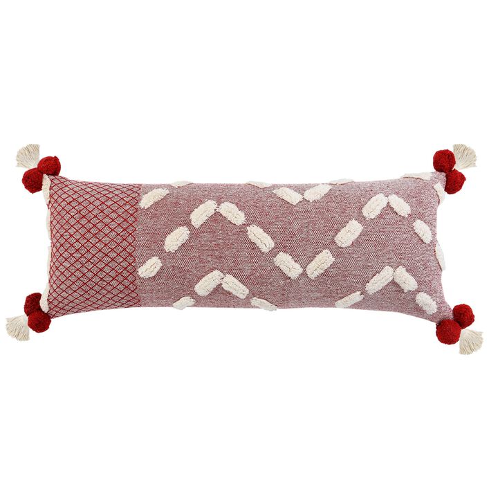 36" Red and Cream Zeal Pom Lumbar Throw Pillow