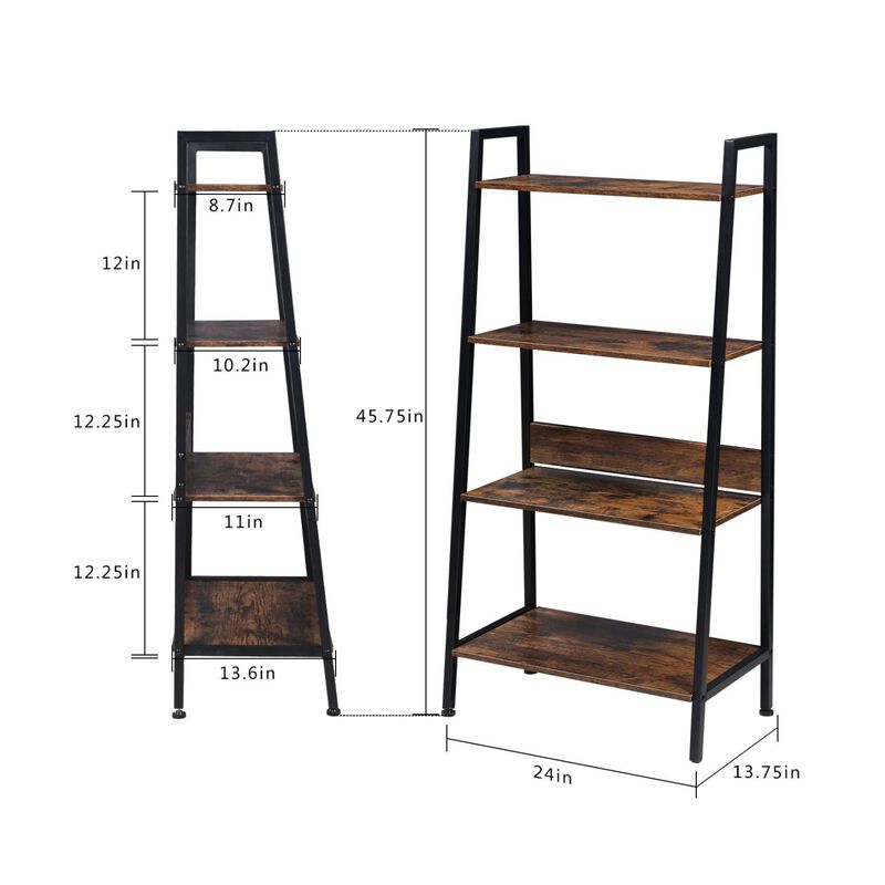 4-Tier Ladder Bookshelf Organizer, Rustic Brown Ladder Shelf for Home & Office, Wood Board & Metal Frame