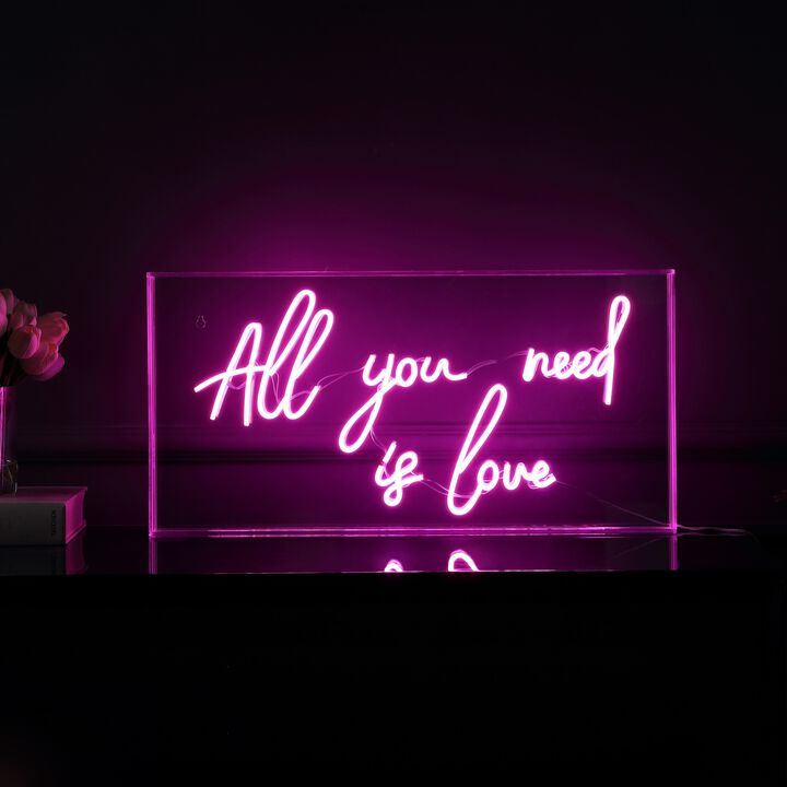 All You Need Is Love 23.63" X 11.75" Contemporary Glam Acrylic Box USB Operated LED Neon Light, Pink