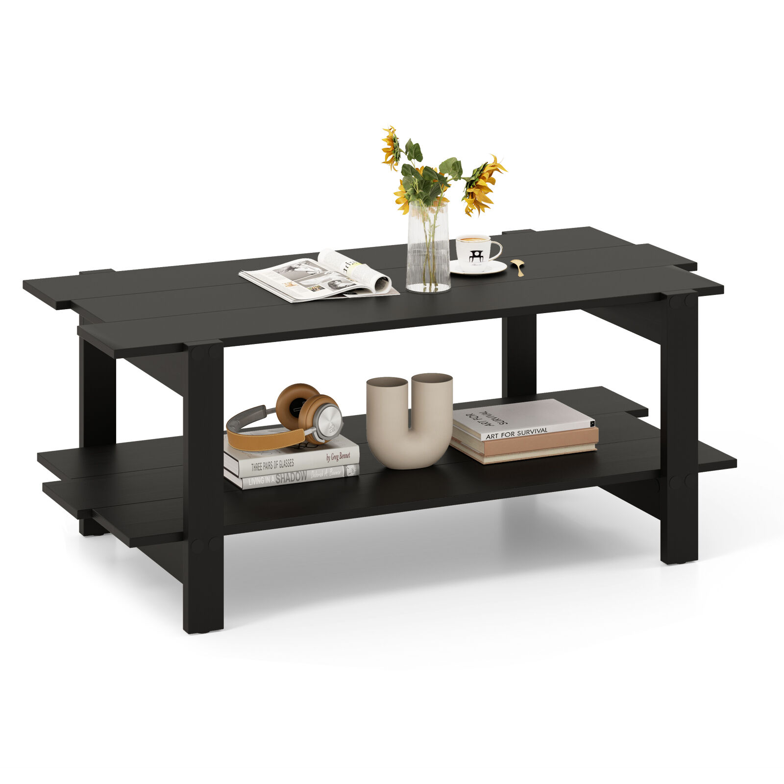 2-Tier Wooden Center Table with Slatted Design and Storage Shelf