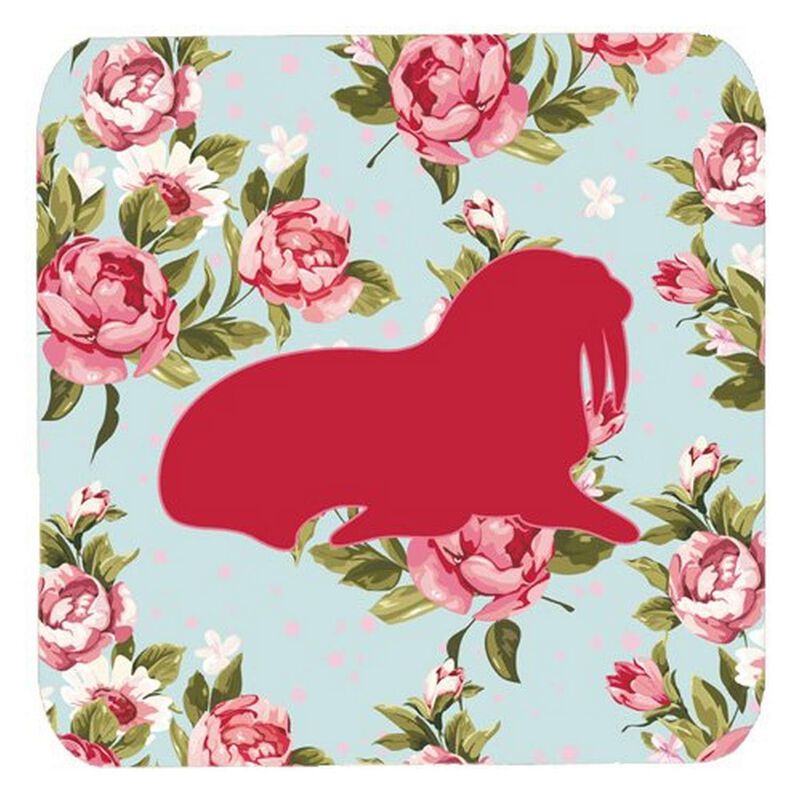 Caroline's Treasures BB1017-RS-BU-FC Walrus Shabby Chic Blue Roses Foam Coasters (Set of 4), 3.5 H x 3.5 W, Multicolor