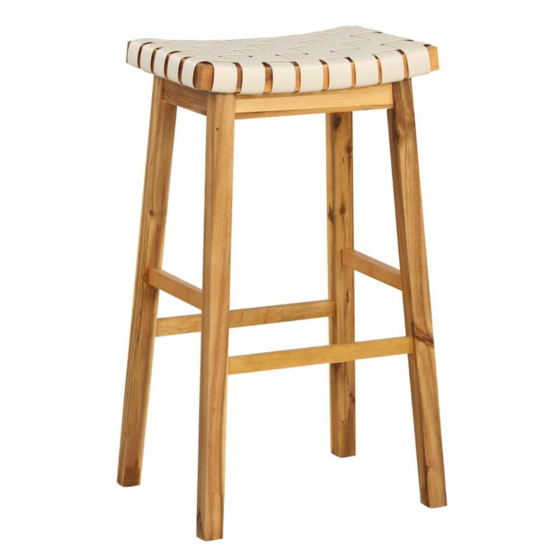 Hivvago Faux PU Leather Bar Stools Set of 2 with Woven Curved Seat Natural