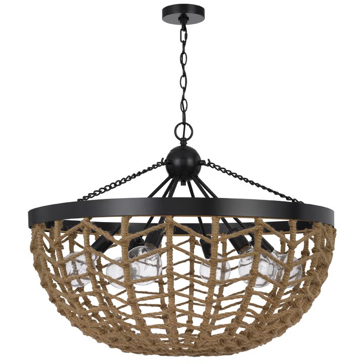 6 Light Pendant Chandelier, Caged Bowl Braided Rope, Black Metal 32 Inch