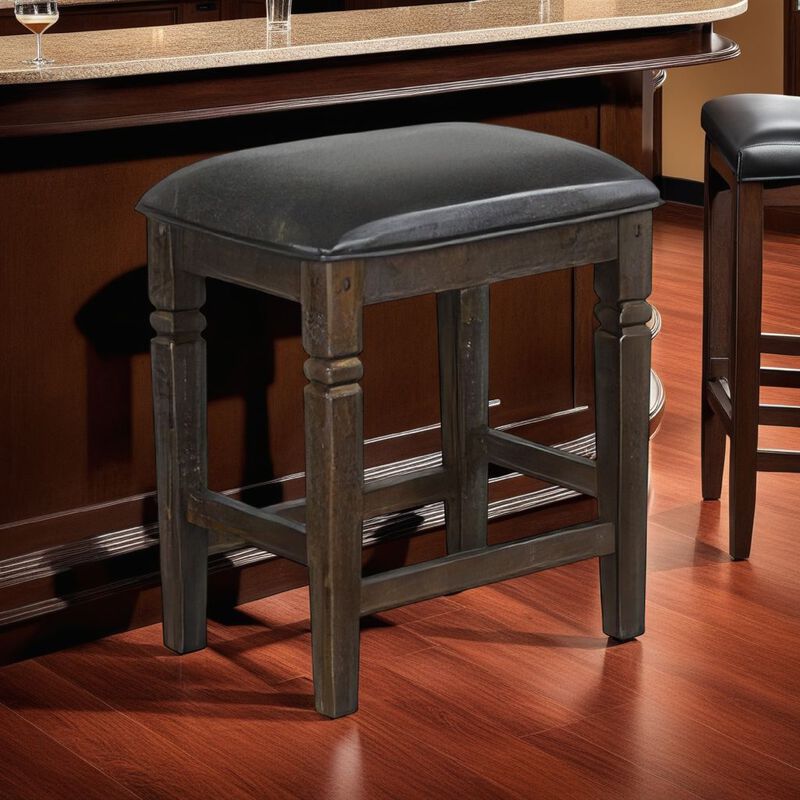 Flint Counter Stool, Set of 2, Black Faux Leather, Dark Brown Mahogany Wood - Benzara