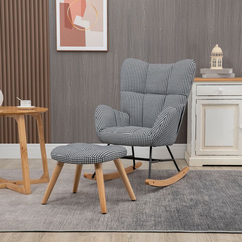 Glider Rocker with Ottoman Set, Houndstooth Nursery Rocking Chair, Upholstered Wingback Armchair for Living Room and Bedroom image number 2