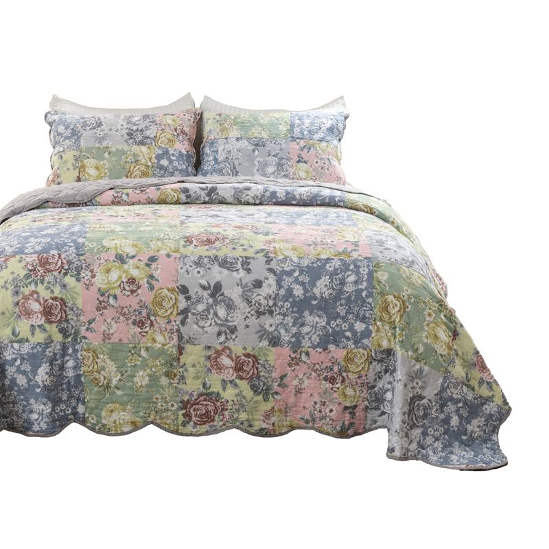 Eni 3 Piece Queen Cotton Quilt Set, Vibrant Pastel Blue Flowers, Scalloped - Benzara