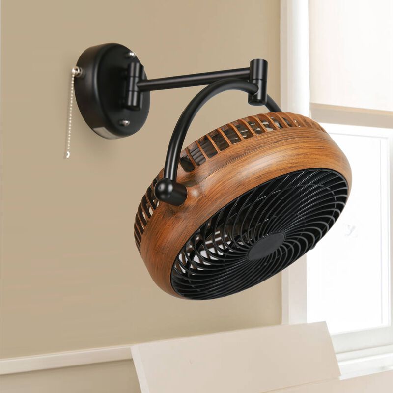 12.9 in. Walnut and Black 2-Speed Wall Mount Fan with Pull Chain and Plug