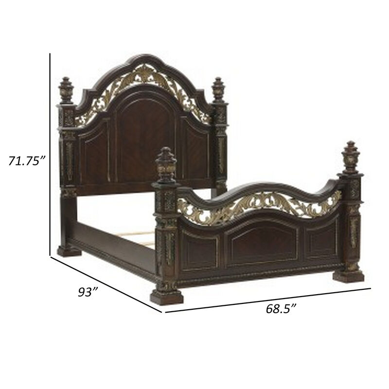 Lumi Queen Bed, Classical Metal Scrollwork, Dark Cherry Brown and Gold - Benzara