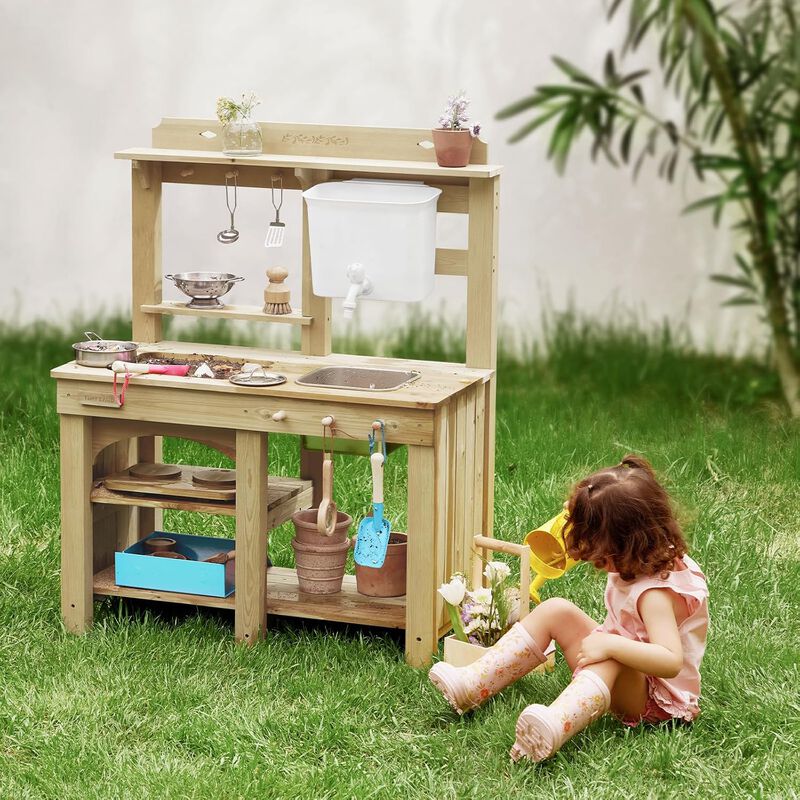 Outdoor Mud Kitchen - Wooden Water Play Kitchen, 12mm Thick Weather-Resistant Wood, 4L Water Tank & Sink, Modular Stove/Sensory Table, Large Storage image number 8